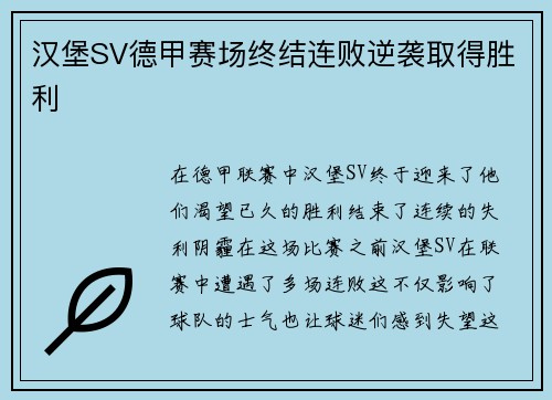 汉堡SV德甲赛场终结连败逆袭取得胜利