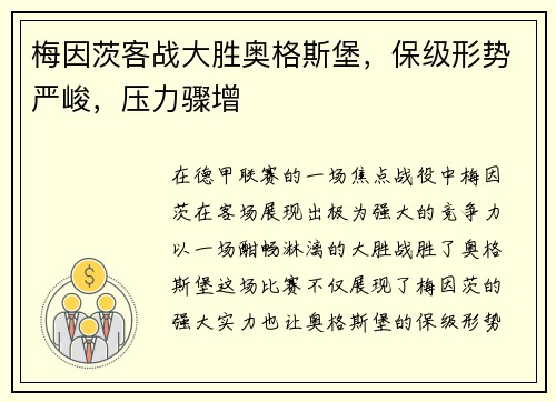 梅因茨客战大胜奥格斯堡，保级形势严峻，压力骤增
